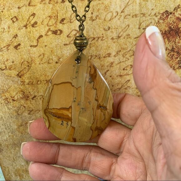 Hand crafted Large Tear Drop Jasper Necklace with Brass Chain 22” long - Picture 9 of 9